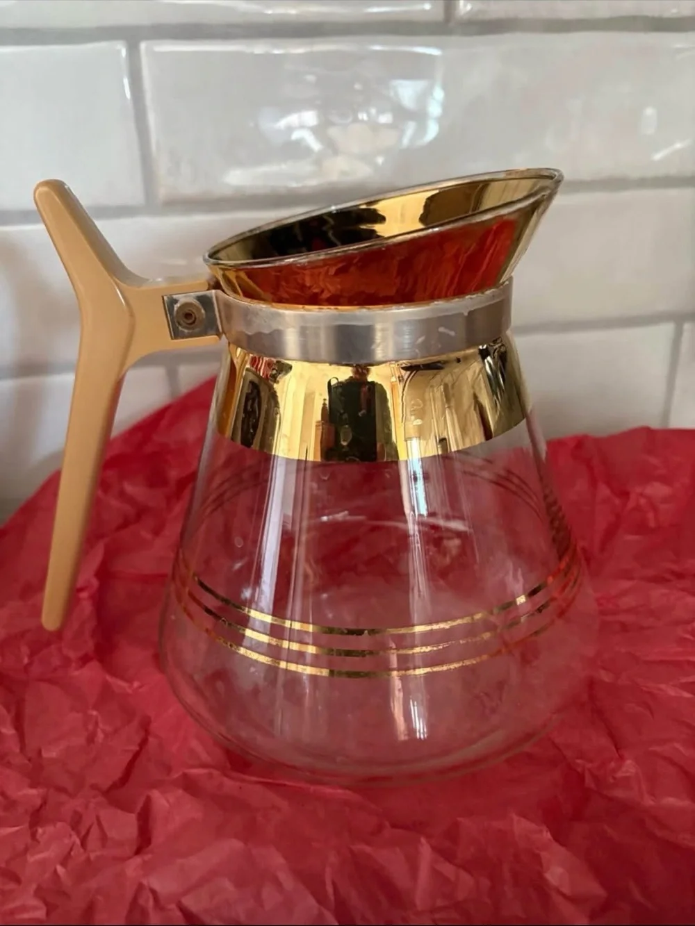 Gold-Trim Glass Coffee Carafe with Beige Handle Retro